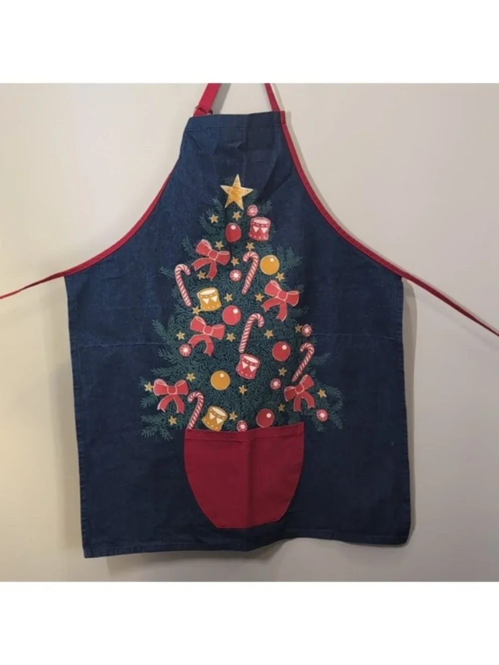 Hatley Festive Denim Apron Christmas Tree Pocket Kitchen Cooking Baking Blue